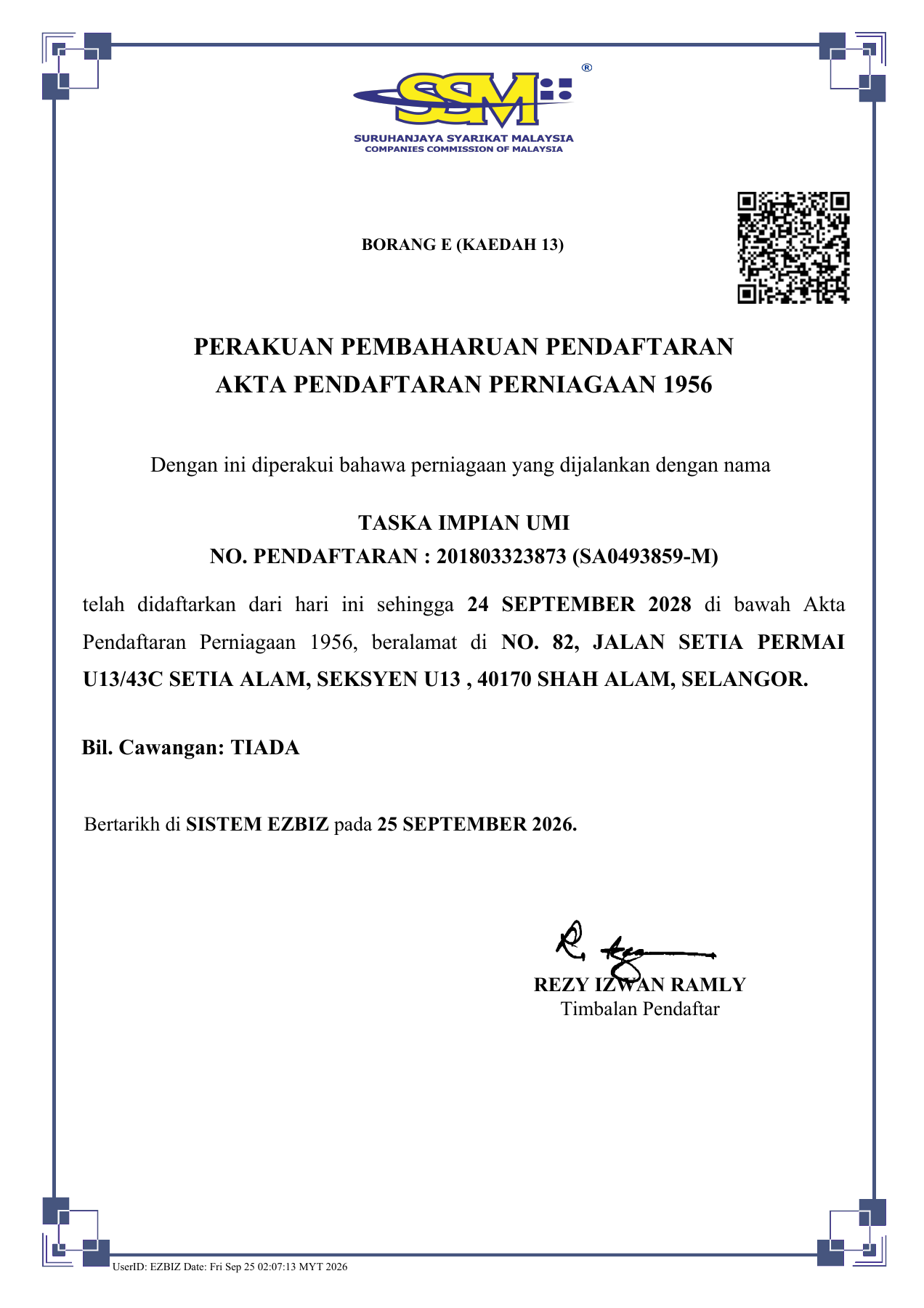 Salinan perakuan pembaharuan pendaftaran SSM Taska Impian Umi, sah sehingga 24 September 2028